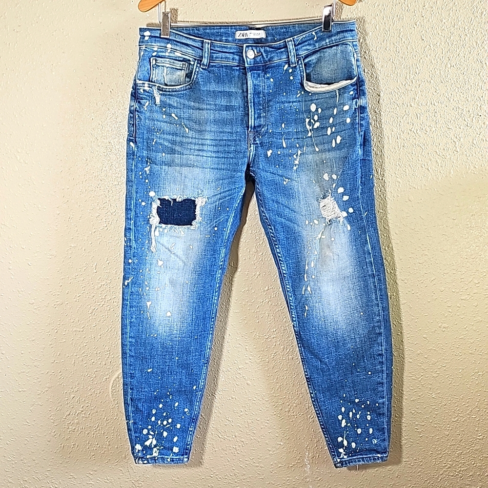Zara Men's Skinny Jeans in Blue with White Paint Splatter
